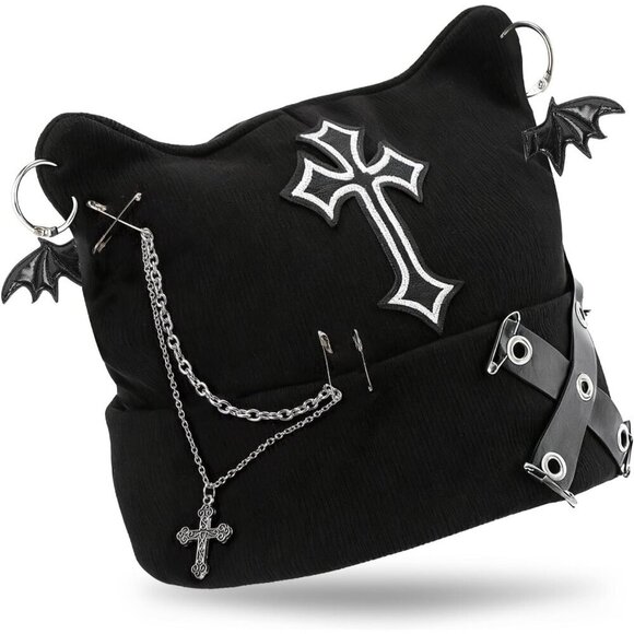 Gothic Punk Beanie Black Cat Ears Y2K Knit Cap Bat Wing Cross Chain Accessories main image 5